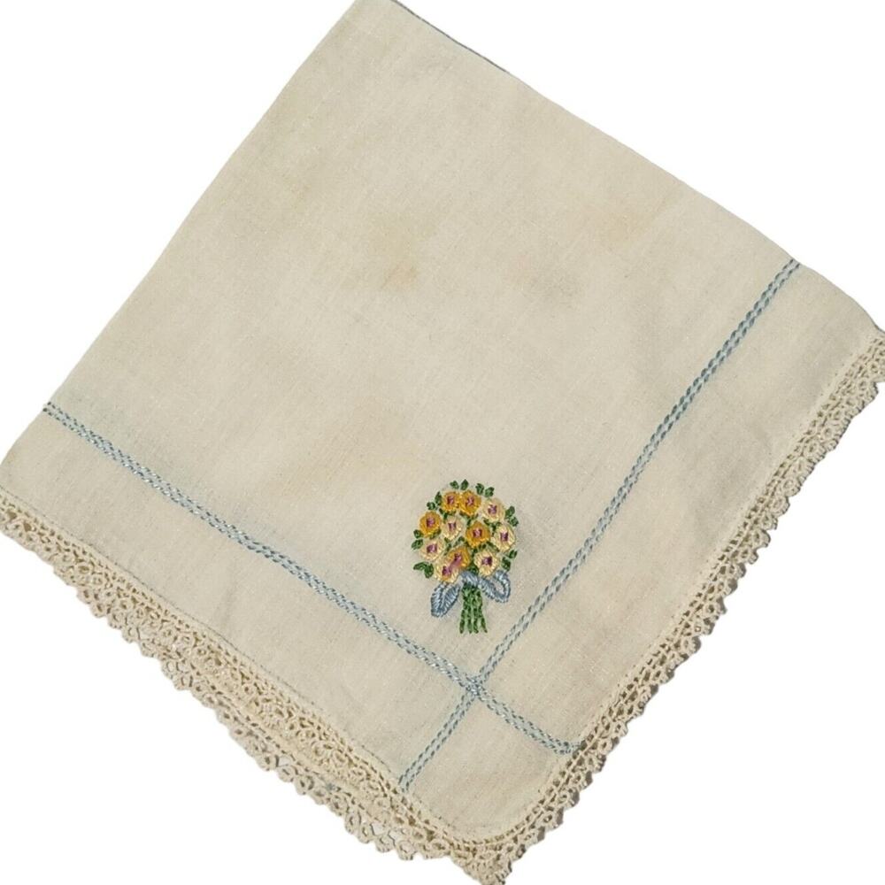 VTG 60s Hankie Embroidered Flowers Bouquet Bridal Wedding Something Old Blue